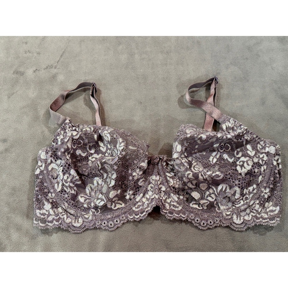 Victorias Secret 38D Dusty Mauve Floral Lace Unlined Underwire Bra Rosette Trim